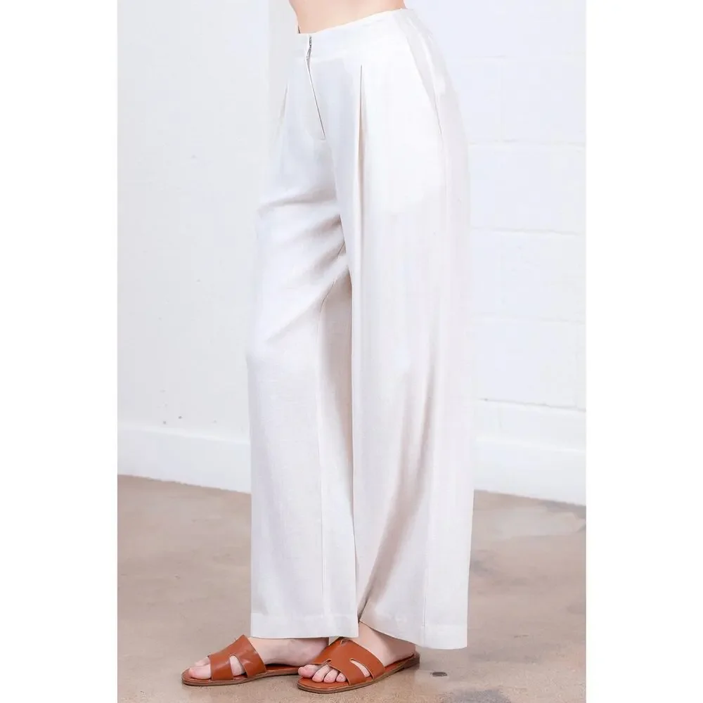 Taupe Linen Pintuck Wide-Leg Pants